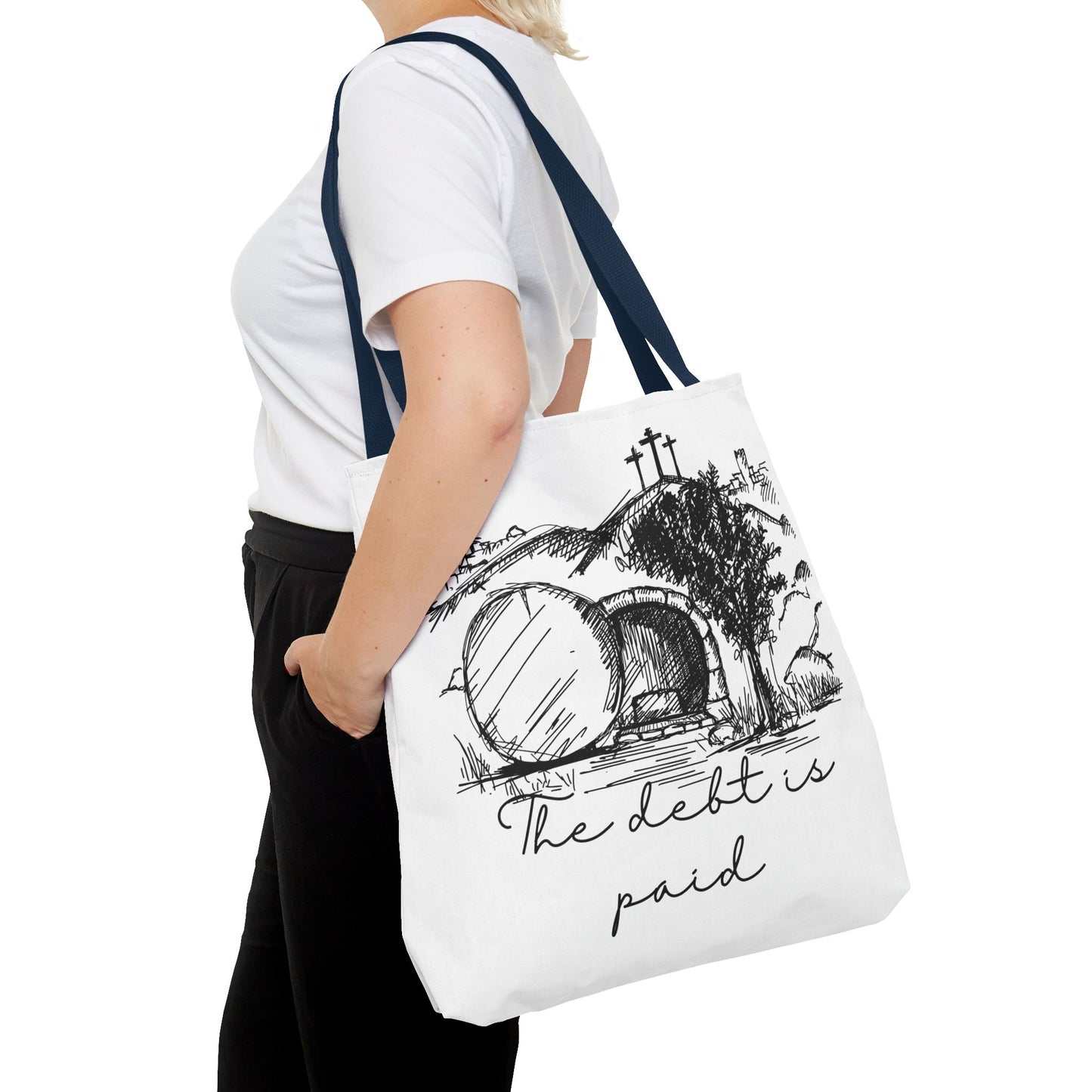 The Debt is Paid Large Christian Tote Bag – All-Over Print Faith Gift