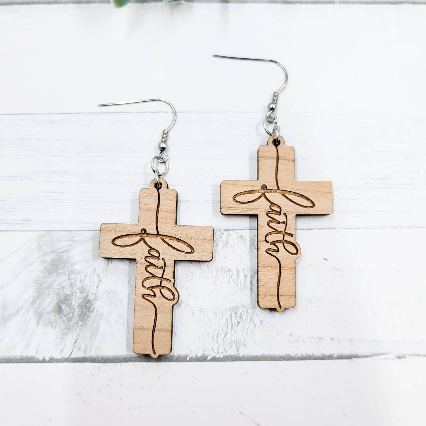 "Faith" Engraved Cross Wooden Dangle Earrings