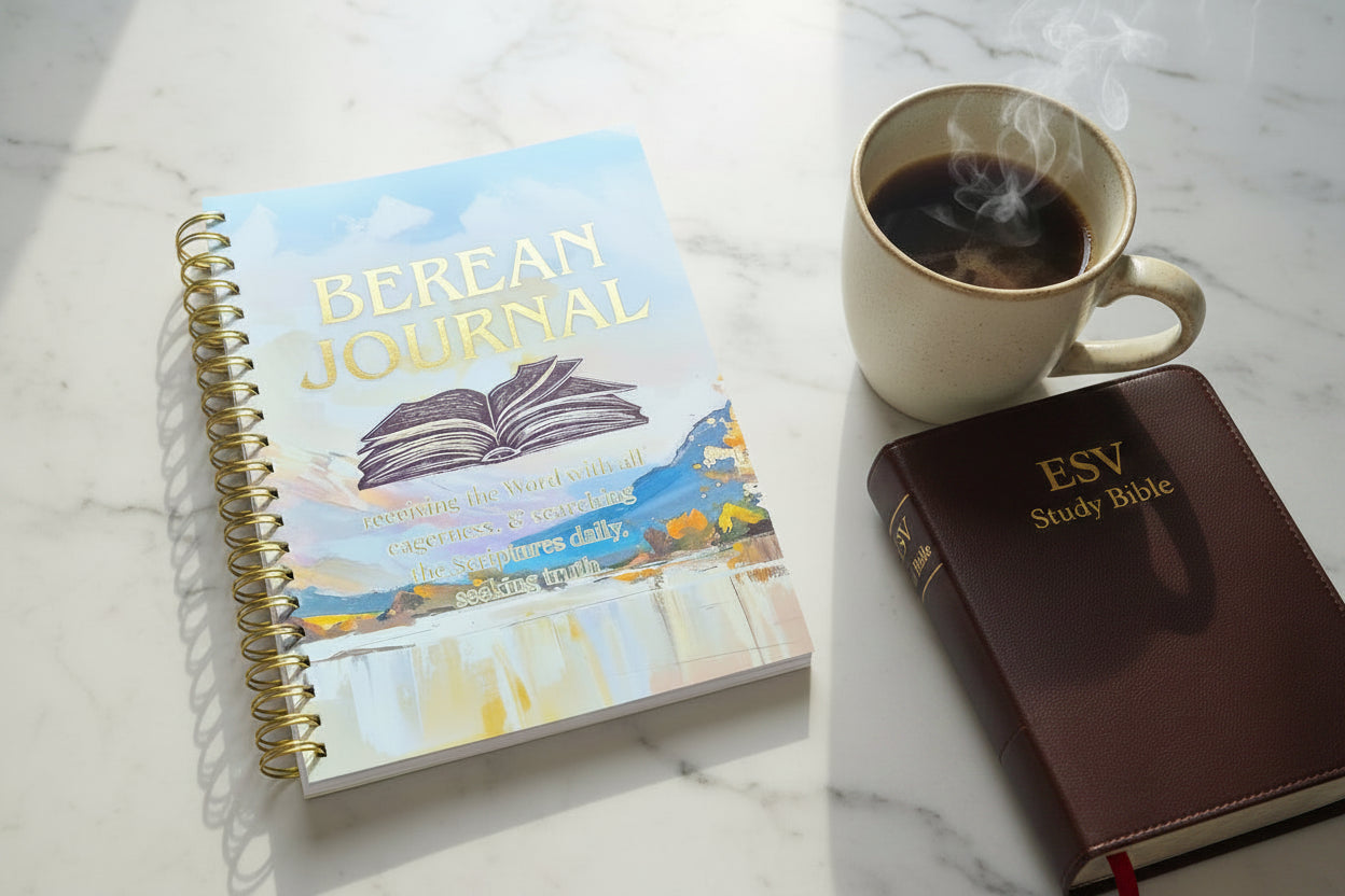 Journal titled 'Berean Journal' with a cup of coffee and pen on a marble surface