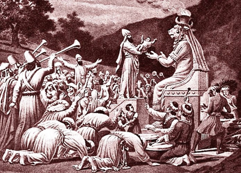 Ancient statue of Moloch, referenced in the Bible as a false god to whom children were sacrificed