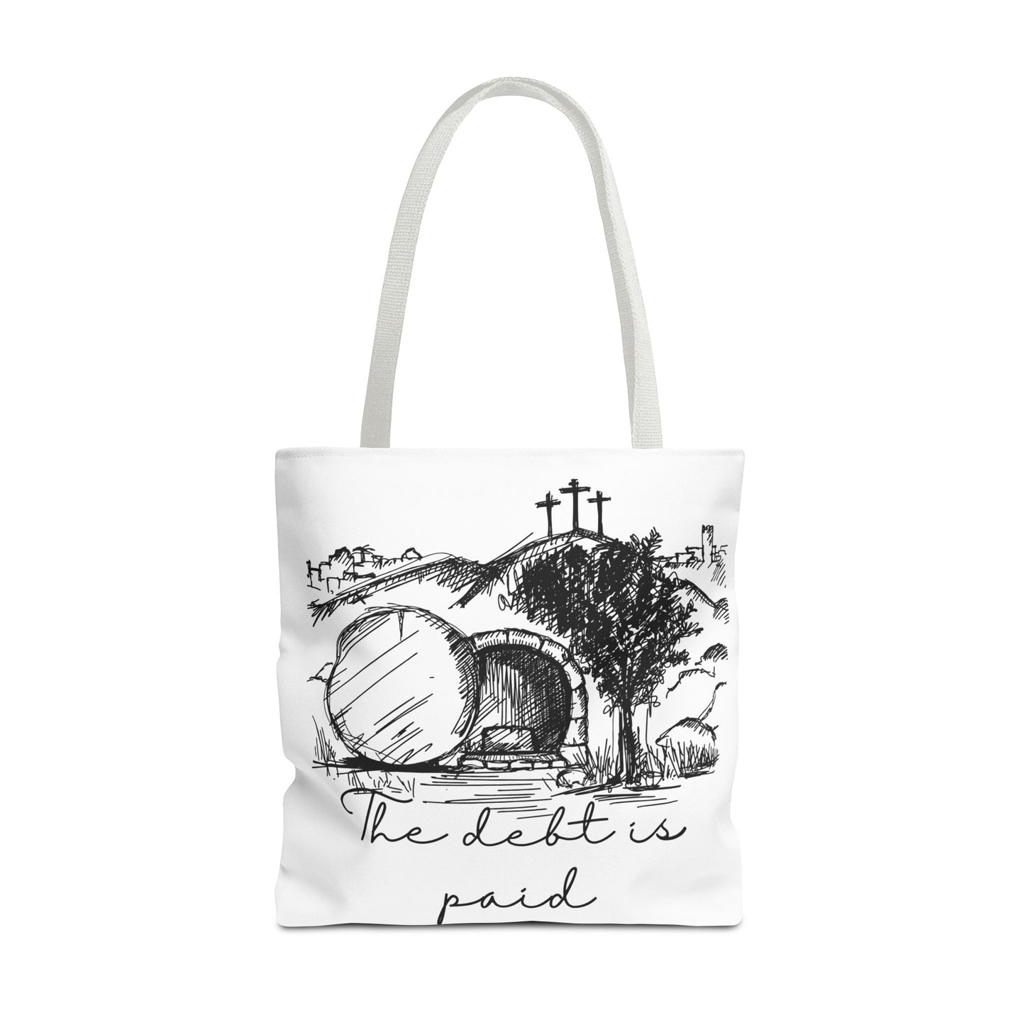 The Debt is Paid Large Christian Tote Bag – All-Over Print Faith Gift