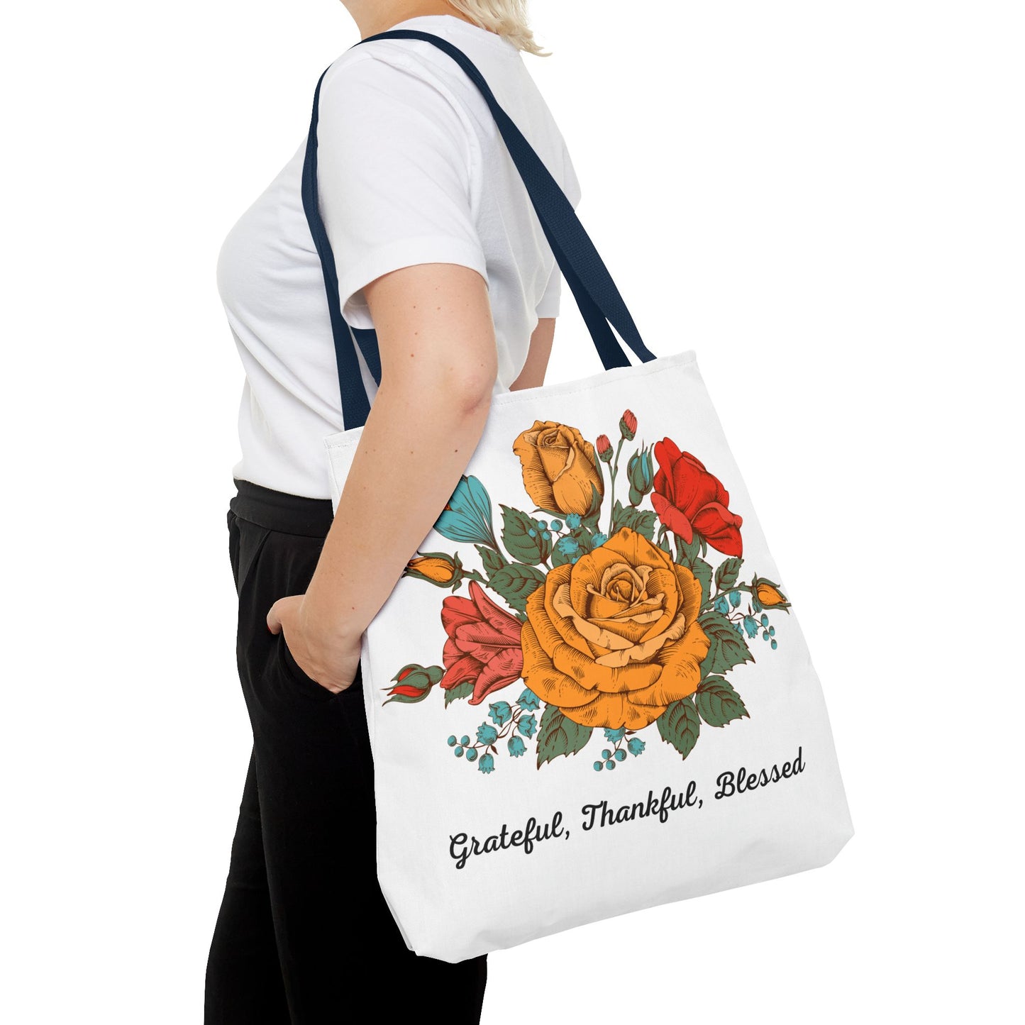 Grateful Thankful Blessed Tote Bag | Vintage Rose Large Tote Bag