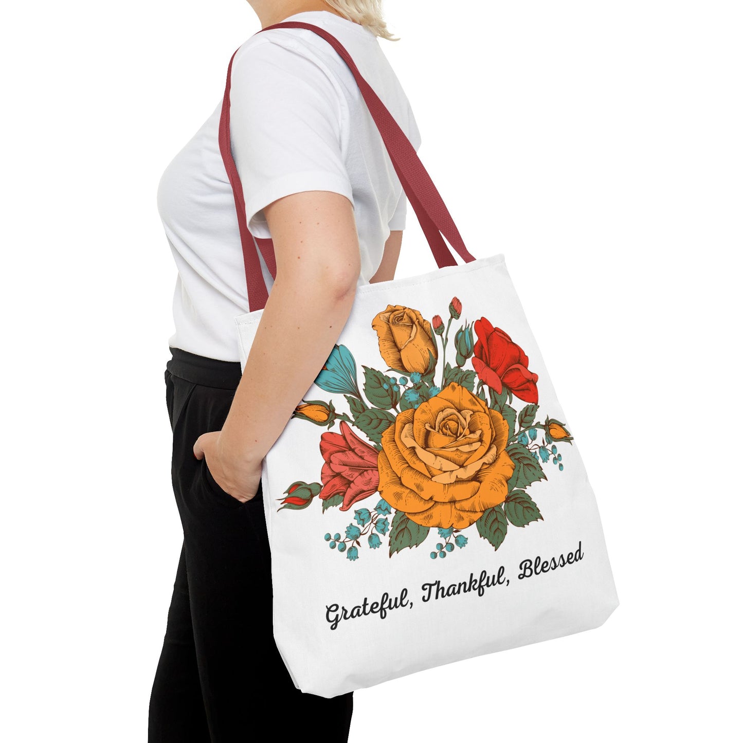 Grateful Thankful Blessed Tote Bag | Vintage Rose Large Tote Bag