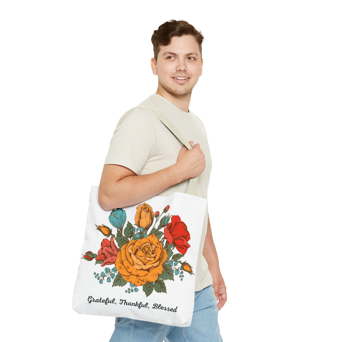 Grateful Thankful Blessed Tote Bag | Vintage Rose Large Tote Bag