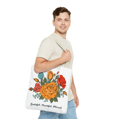 Grateful Thankful Blessed Tote Bag | Vintage Rose Large Tote Bag