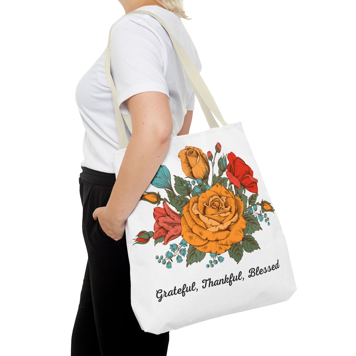 Grateful Thankful Blessed Tote Bag | Vintage Rose Large Tote Bag
