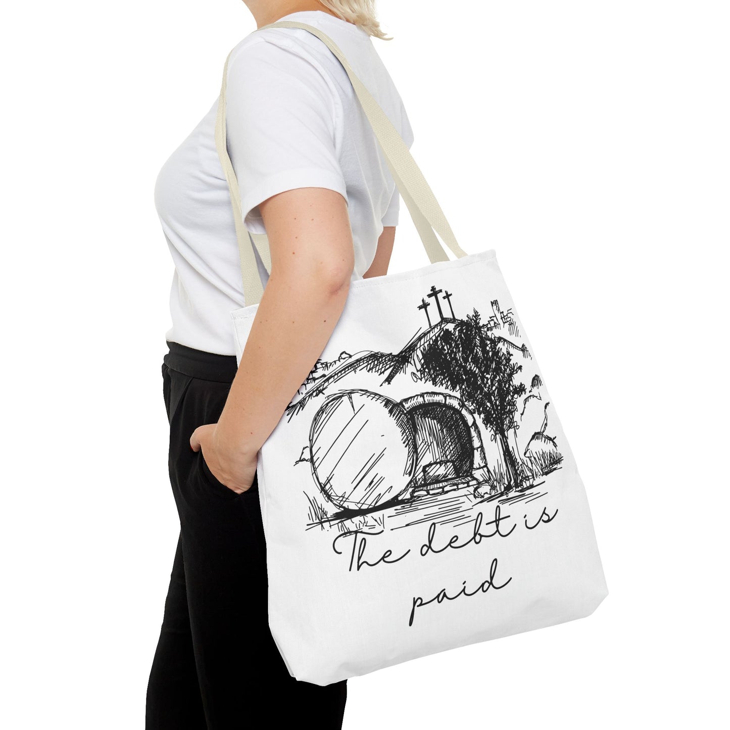 The Debt is Paid Large Christian Tote Bag – All-Over Print Faith Gift