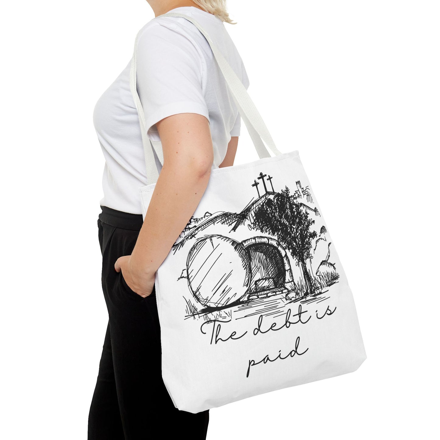 The Debt is Paid Large Christian Tote Bag – All-Over Print Faith Gift