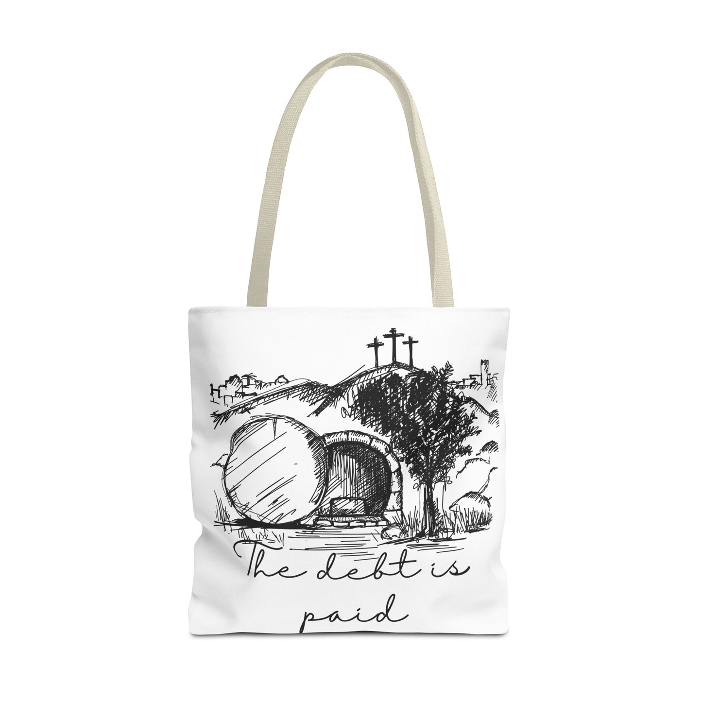 The Debt is Paid Large Christian Tote Bag – All-Over Print Faith Gift
