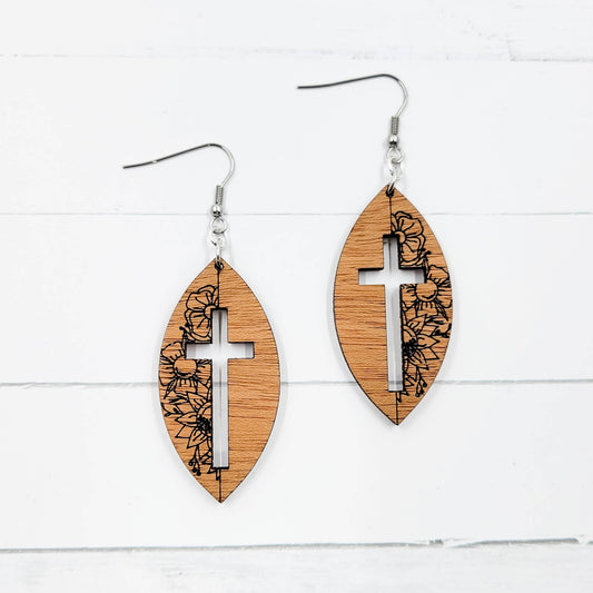 Half Floral Cross Wooden Dangle Earrings