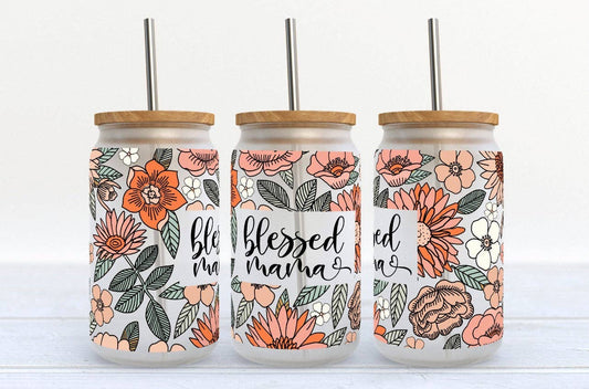 Blessed Mama Floral 16oz Libby Glass Tumbler