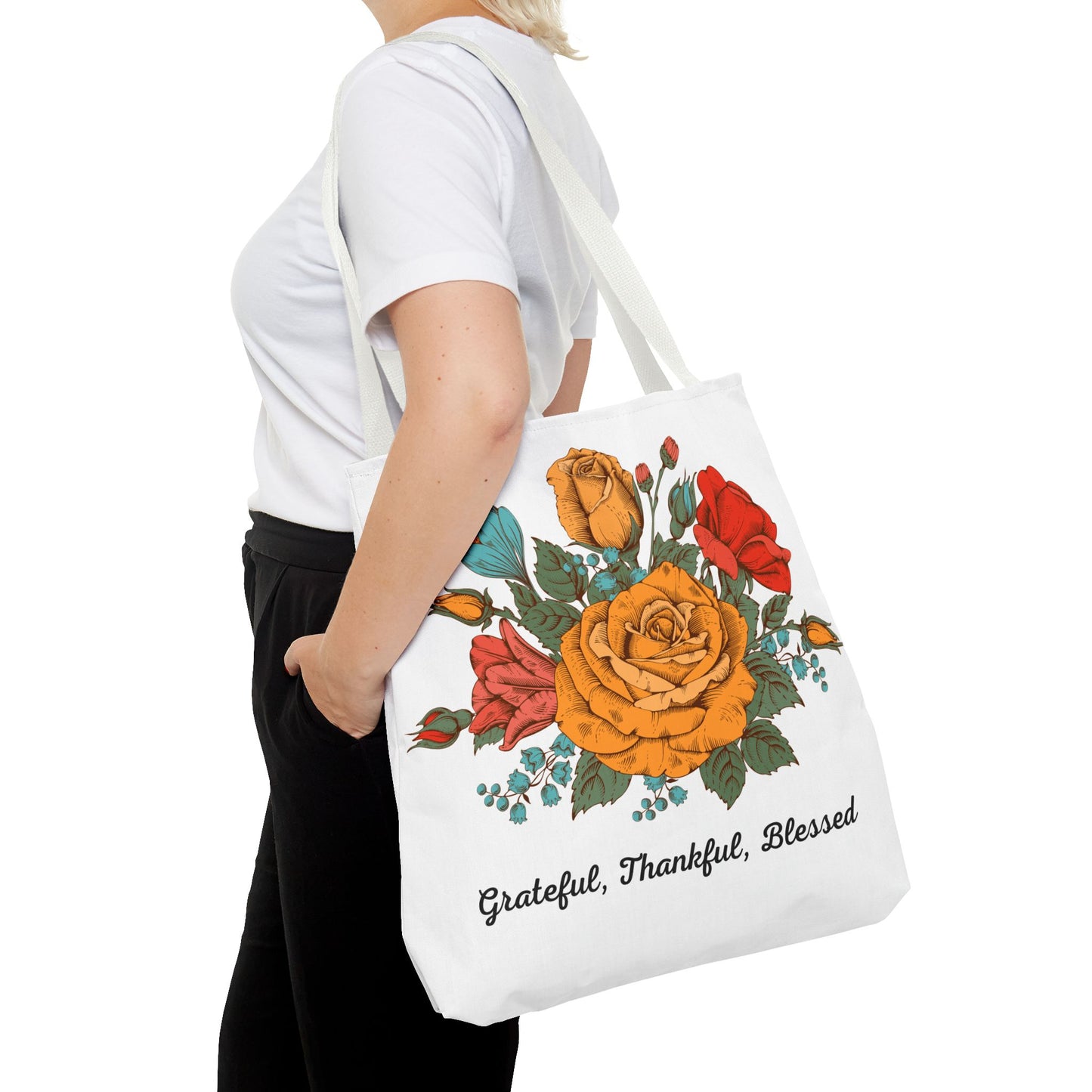 Grateful Thankful Blessed Tote Bag | Vintage Rose Large Tote Bag