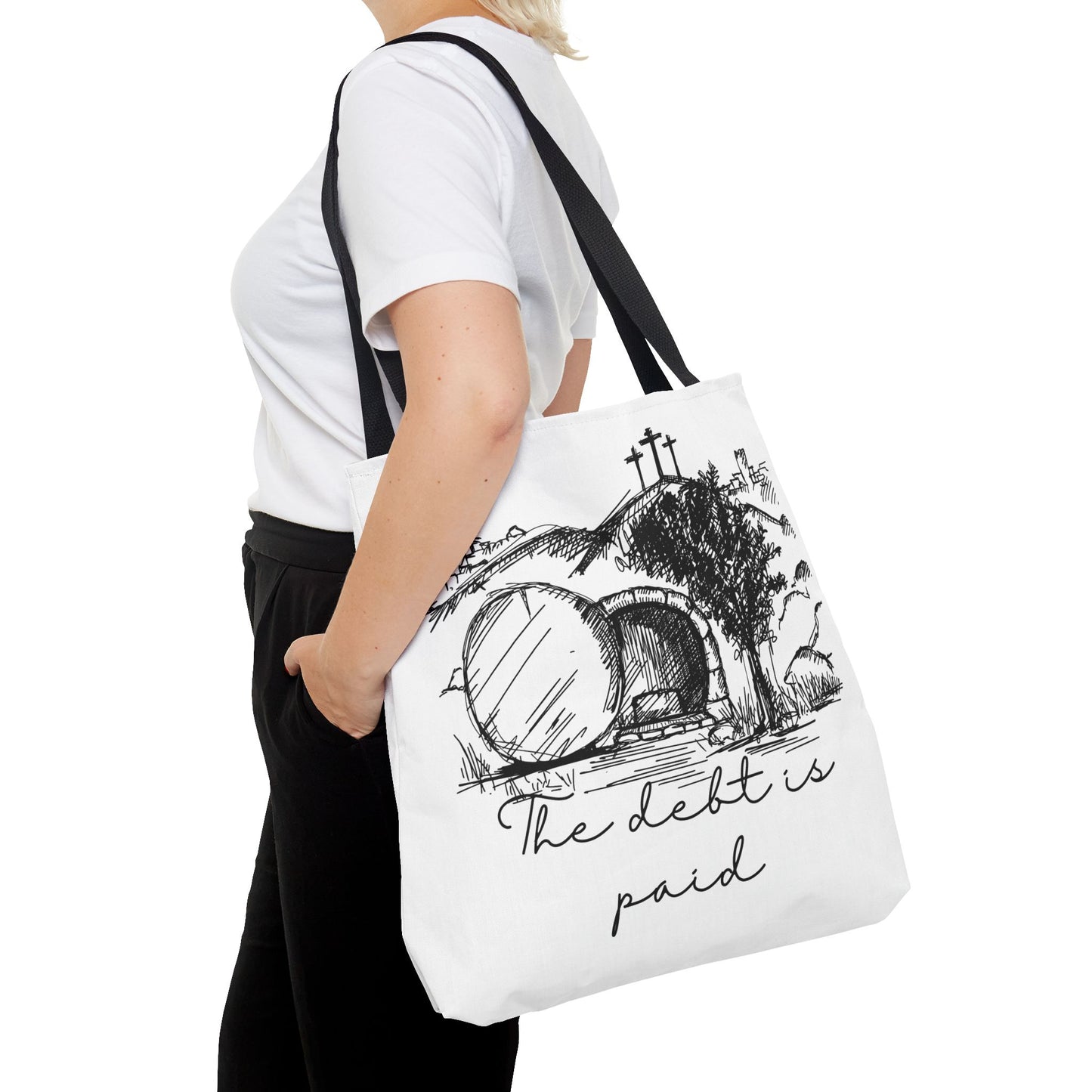The Debt is Paid Large Christian Tote Bag – All-Over Print Faith Gift