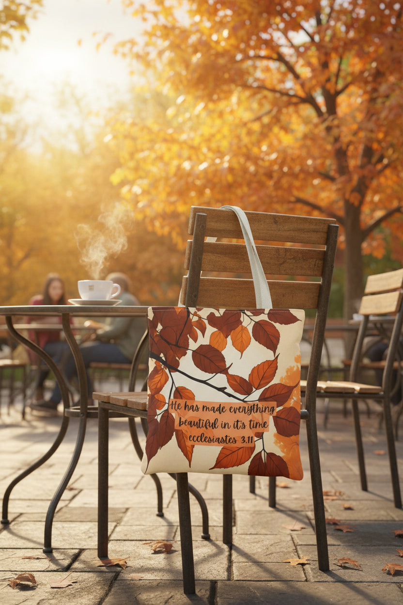 A canvas tote bag with a cream-colored handle, featuring a printed design of autumn leaves in shades of orange, brown, and red on a cream background, with the text 'He has made everything beautiful in its time ecclésiastes 3:14' written in black script.