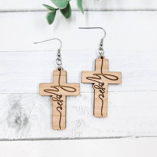 "Hope" Engraved Cross Wooden Dangle Earrings