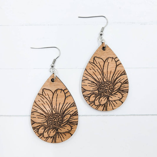 Engraved Zinnia Teardrop Wooden Dangle Earrings
