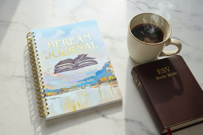 Journal titled 'Berean Journal' with a cup of coffee and pen on a marble surface
